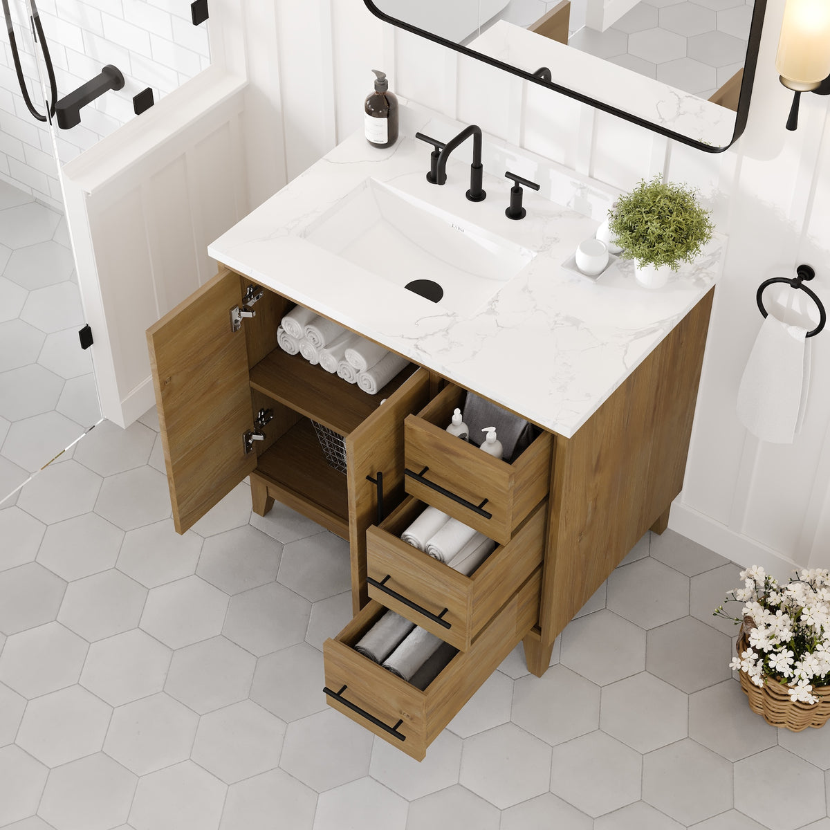 Graham 36 in. Oak Single Sink Bath Vanity with Arabescato Engineered Stone Top and Undermount Porcelain Sink - Bathroom Vanity by Eviva