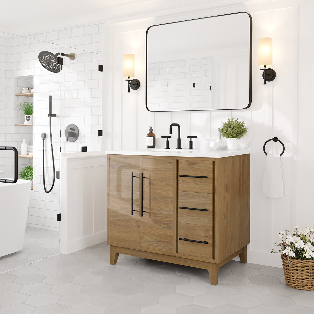 Graham 36 in. Oak Single Sink Bath Vanity with Arabescato Engineered Stone Top and Undermount Porcelain Sink - Bathroom Vanity by Eviva
