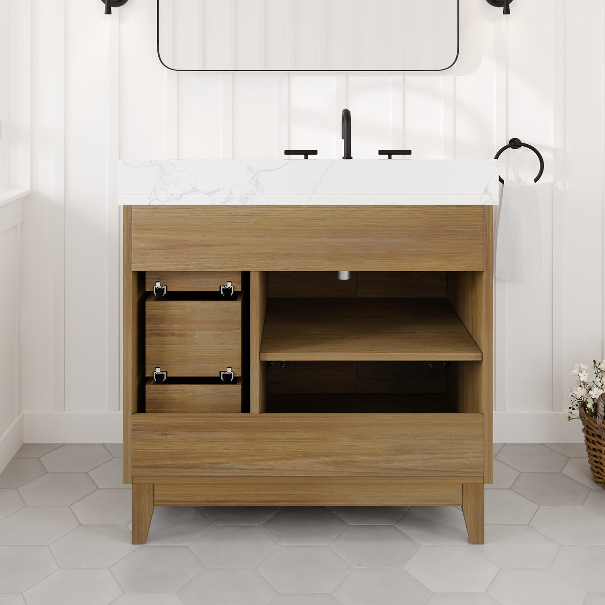 Graham 36 in. Oak Single Sink Bath Vanity with Arabescato Engineered Stone Top and Undermount Porcelain Sink - Bathroom Vanity by Eviva