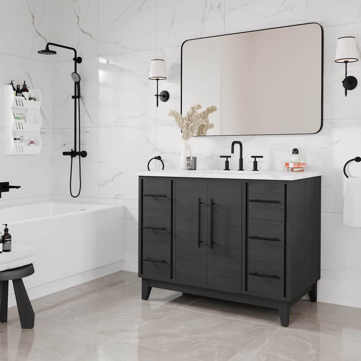 Graham 42 in. Blackwood Single Sink Bath Vanity with Arabescato Engineered Stone Top and Undermount Porcelain Sink - Bathroom Vanity by Eviva