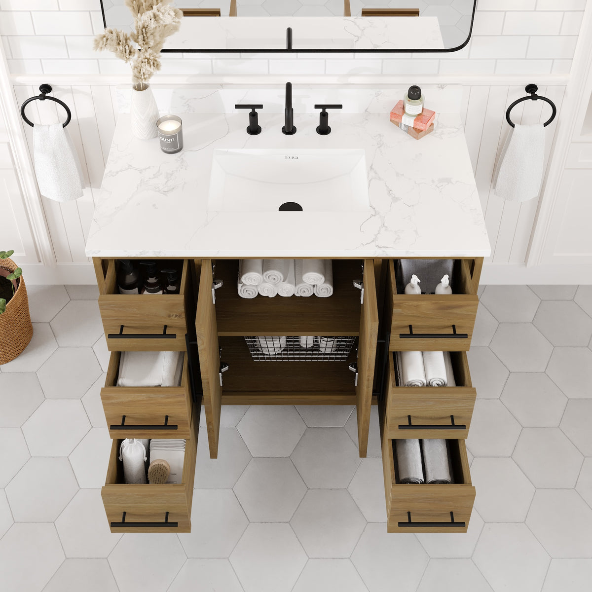 Graham 42 in. Oak Single Sink Bath Vanity with Arabescato Engineered Stone Top and Undermount Porcelain Sink - Bathroom Vanity by Eviva