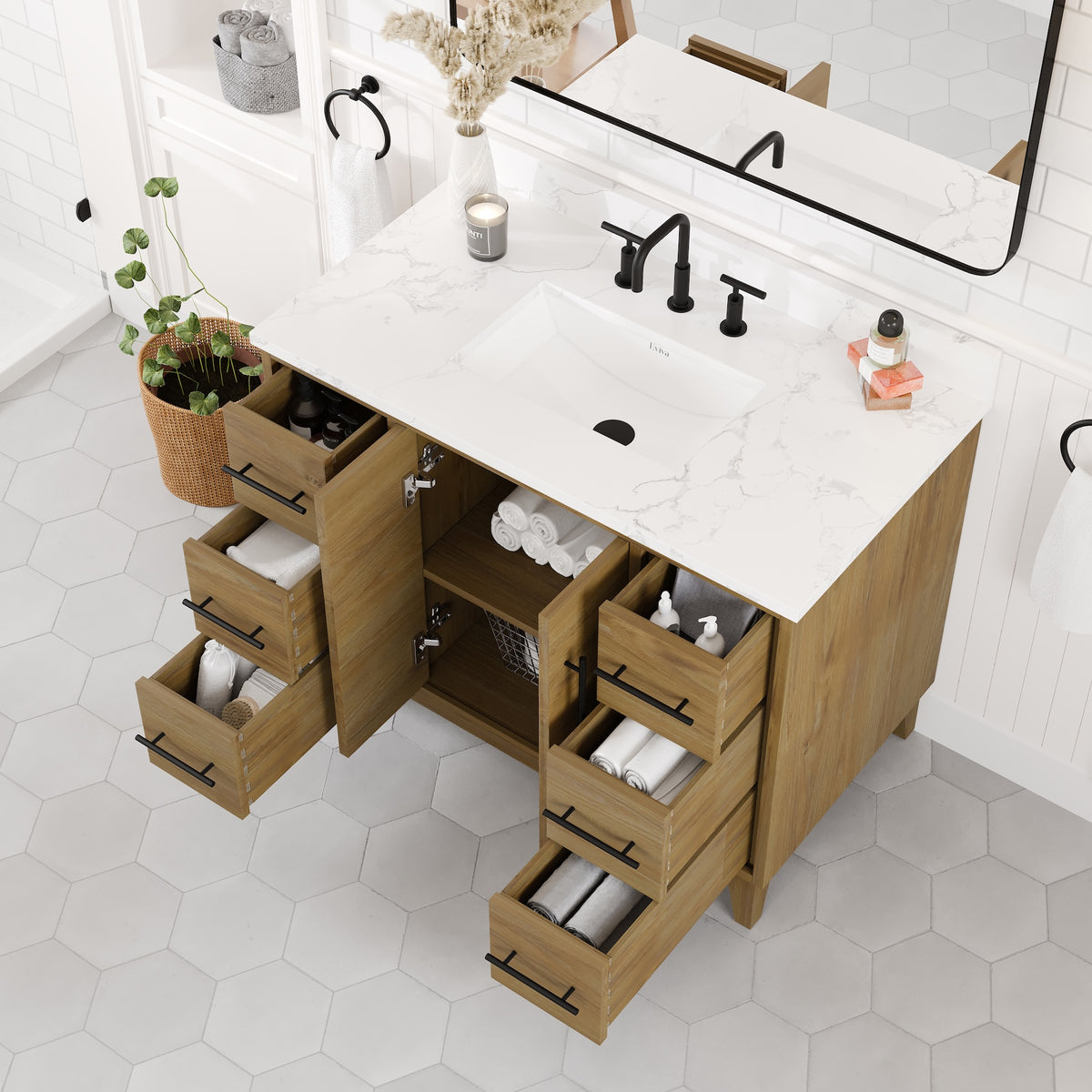 Graham 42 in. Oak Single Sink Bath Vanity with Arabescato Engineered Stone Top and Undermount Porcelain Sink - Bathroom Vanity by Eviva