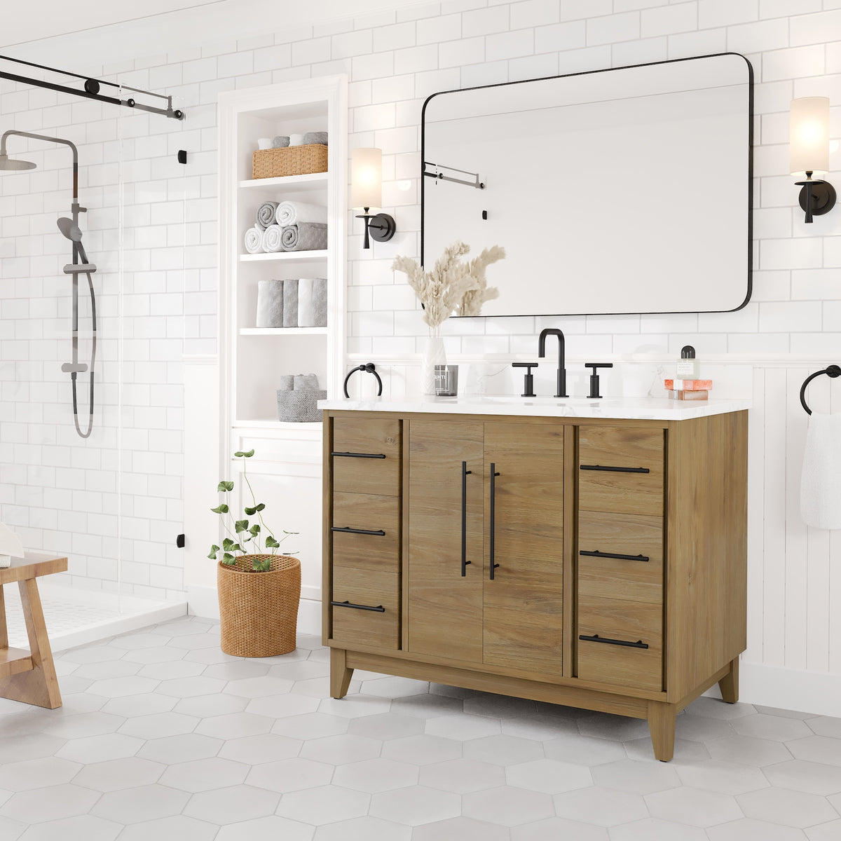 Graham 42 in. Oak Single Sink Bath Vanity with Arabescato Engineered Stone Top and Undermount Porcelain Sink - Bathroom Vanity by Eviva