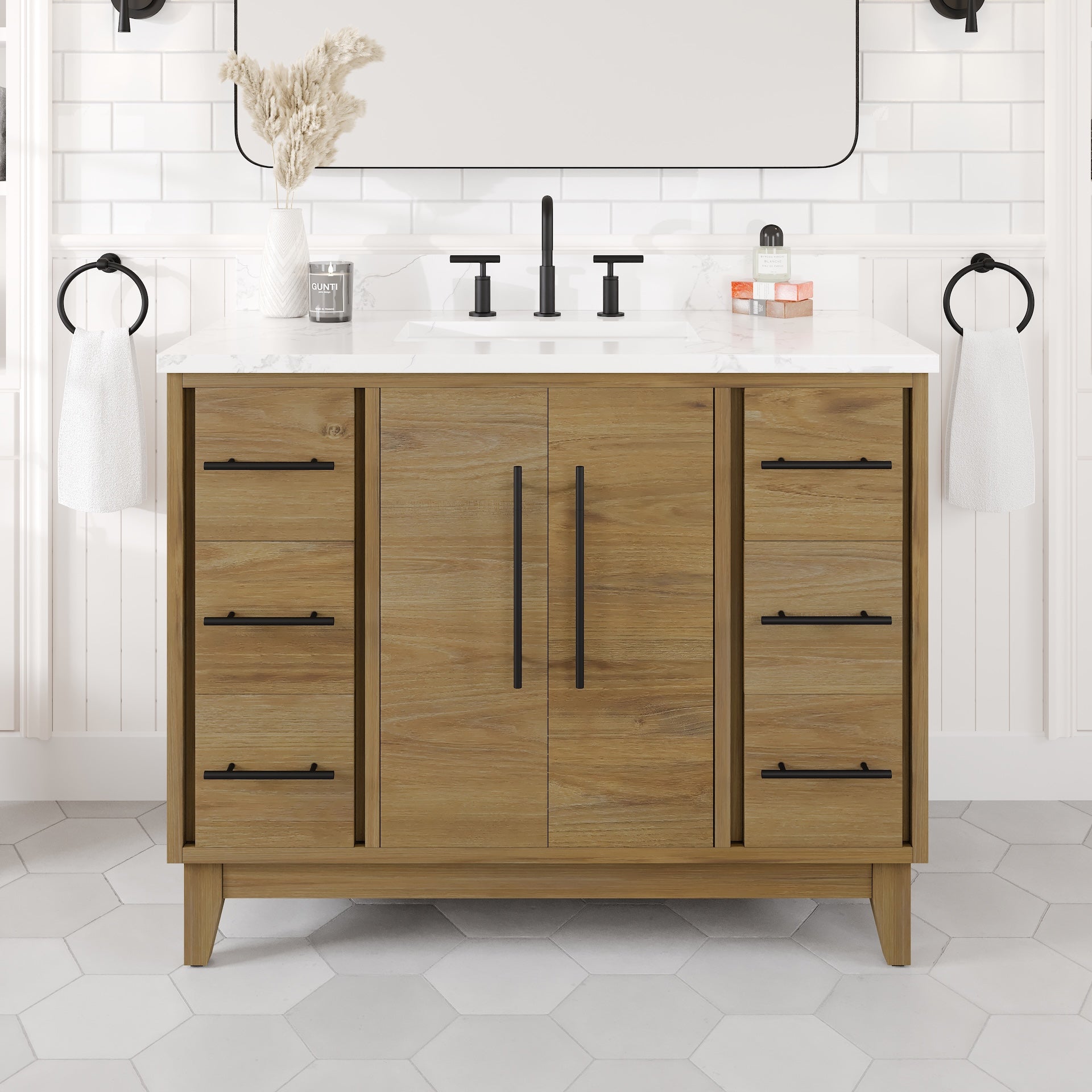 Graham 42 in. Oak Single Sink Bath Vanity with Arabescato Engineered Stone Top and Undermount Porcelain Sink - Bathroom Vanity by Eviva