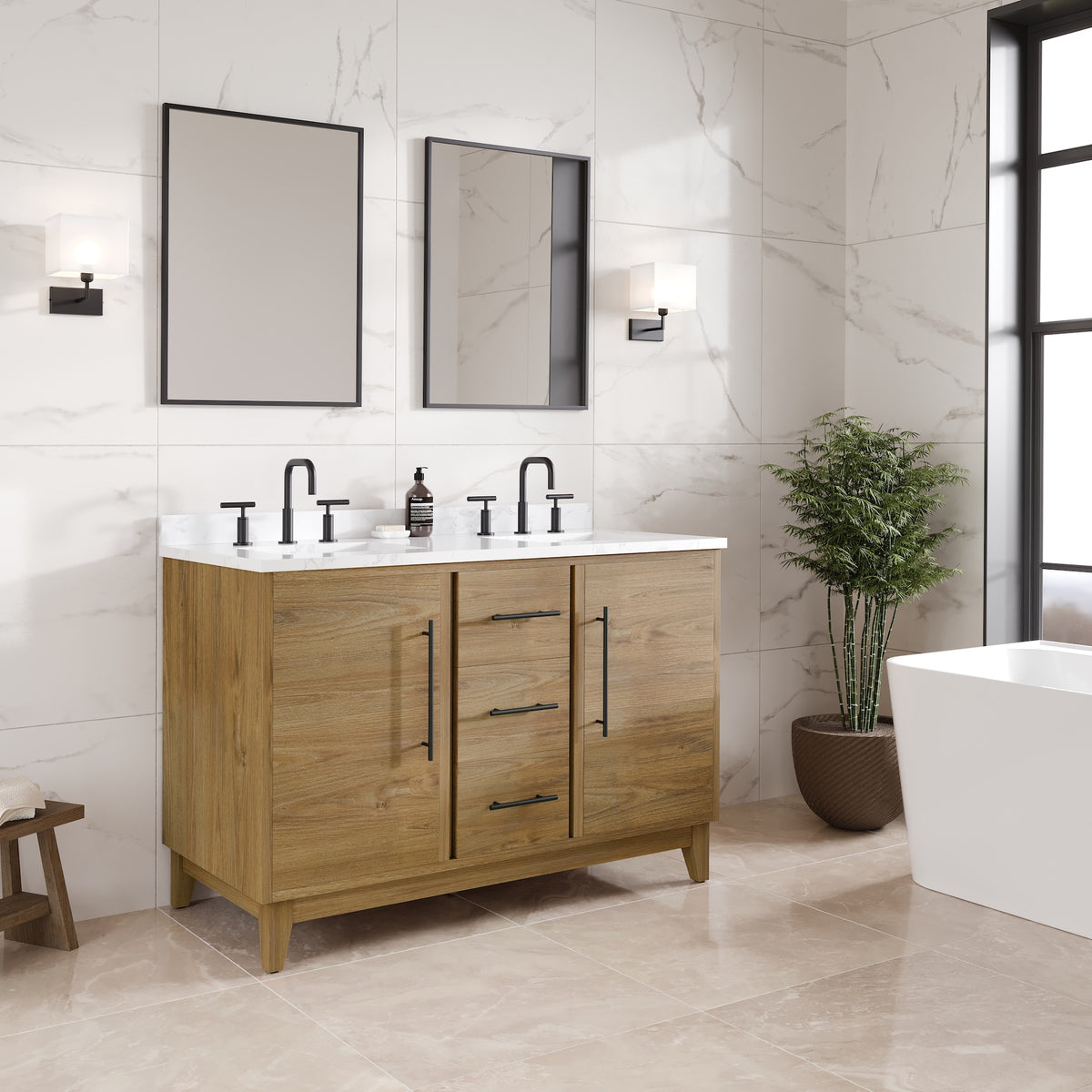 Graham 48 in. Oak Double Sink Bath Vanity with Arabescato Engineered Stone Top and Undermount Porcelain Sinks - Bathroom Vanity by Eviva