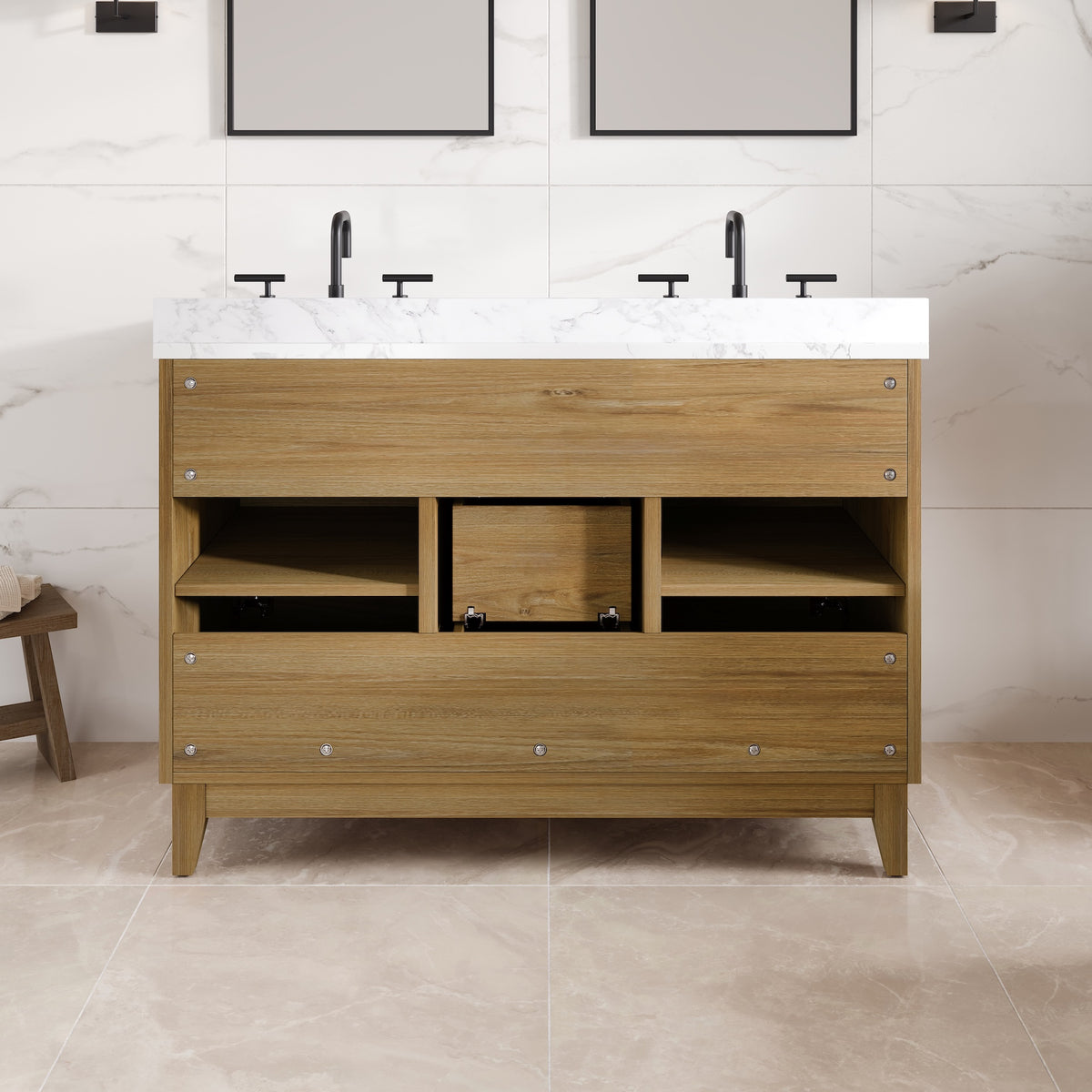 Graham 48 in. Oak Double Sink Bath Vanity with Arabescato Engineered Stone Top and Undermount Porcelain Sinks - Bathroom Vanity by Eviva