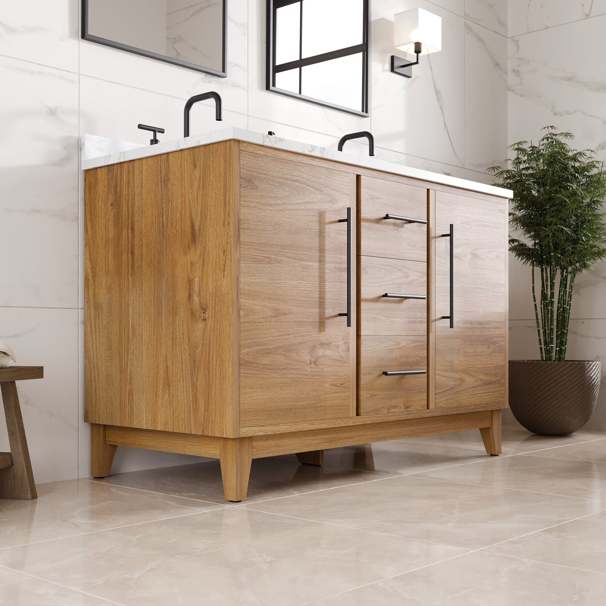 Graham 48 in. Oak Double Sink Bath Vanity with Arabescato Engineered Stone Top and Undermount Porcelain Sinks - Bathroom Vanity by Eviva