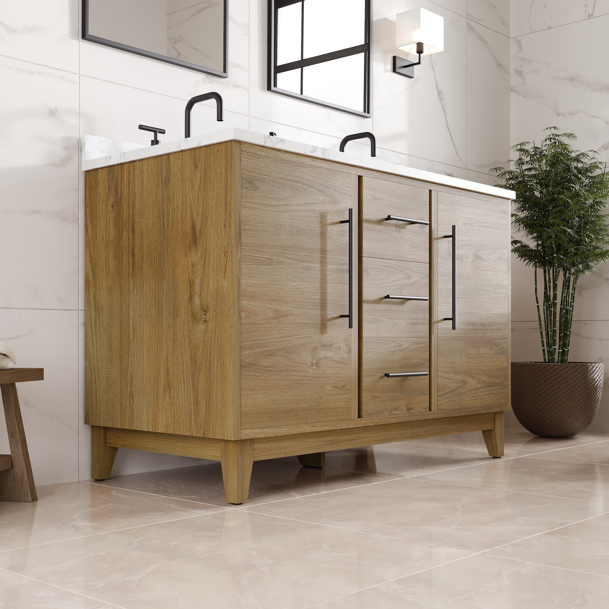 Graham 48 in. Oak Double Sink Bath Vanity with Arabescato Engineered Stone Top and Undermount Porcelain Sinks - Bathroom Vanity by Eviva