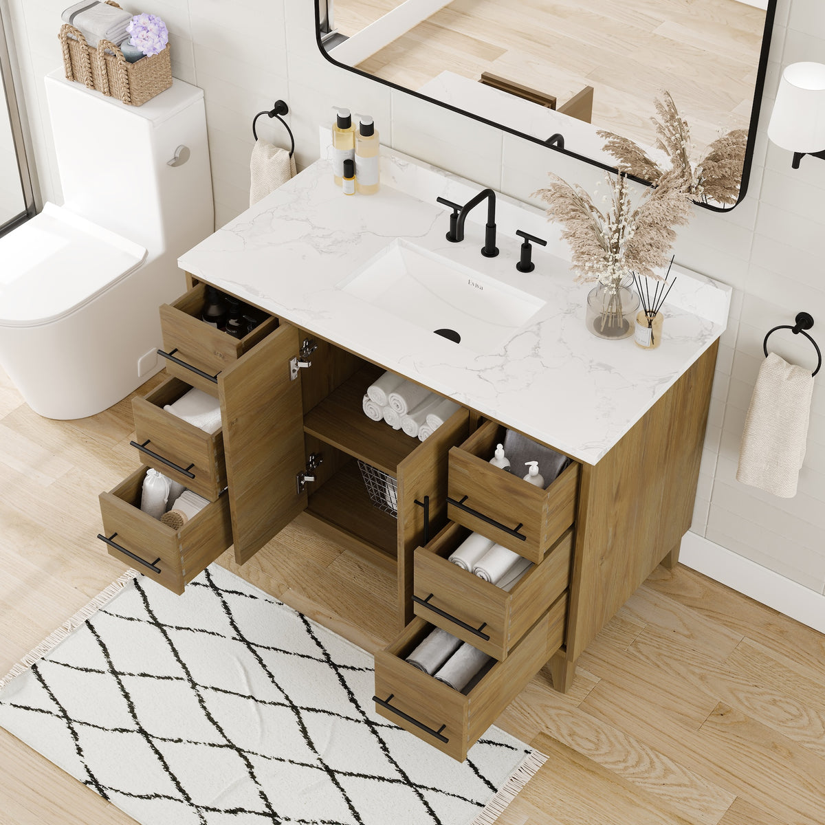 Graham 48 in. Oak Single Sink Bath Vanity with Arabescato Engineered Stone Top and Undermount Porcelain Sink - Bathroom Vanity by Eviva