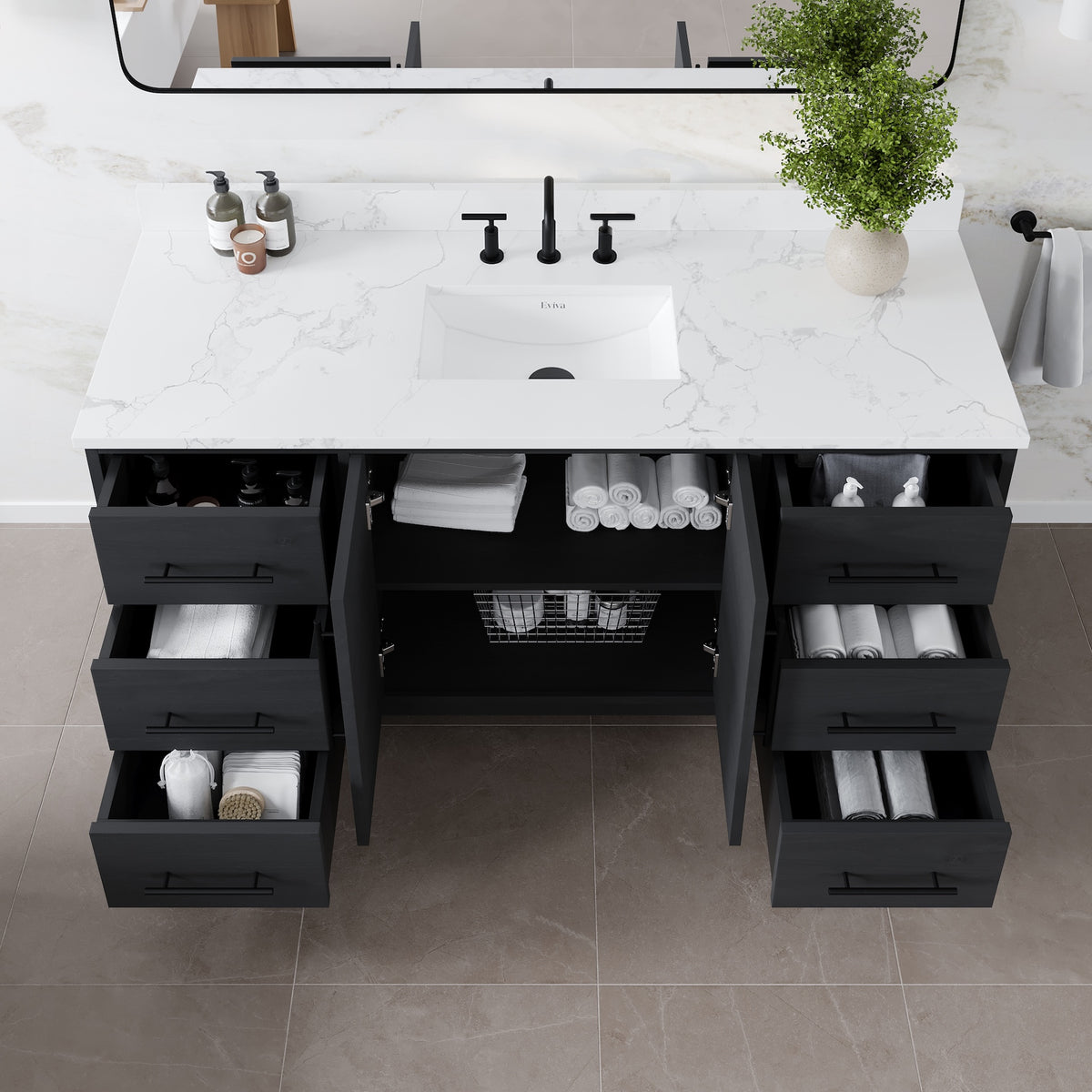 Graham 60 in. Blackwood Single Sink Bath Vanity with Arabescato Engineered Stone Top and Undermount Porcelain Sink - Bathroom Vanity by Eviva