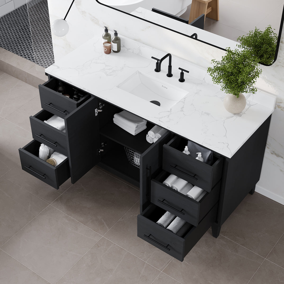 Graham 60 in. Blackwood Single Sink Bath Vanity with Arabescato Engineered Stone Top and Undermount Porcelain Sink - Bathroom Vanity by Eviva