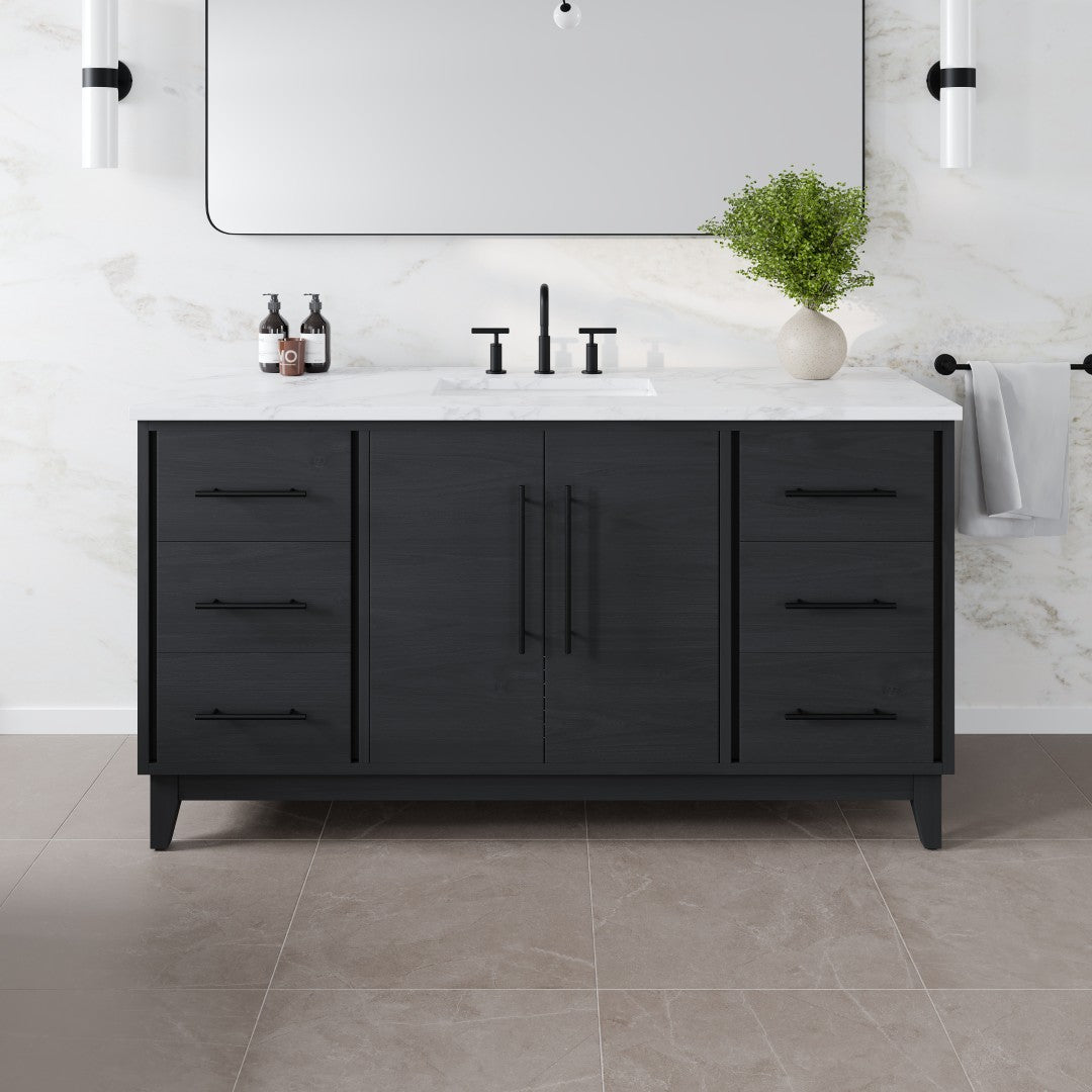 Graham 60 in. Blackwood Single Sink Bath Vanity with Arabescato Engineered Stone Top and Undermount Porcelain Sink