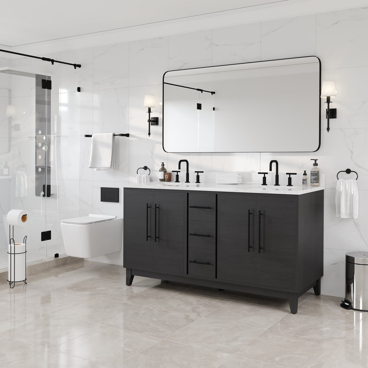 Graham 60 in. Blackwood Double Sink Bath Vanity with Arabescato Engineered Stone Top and Undermount Porcelain Sinks - Bathroom Vanity by Eviva