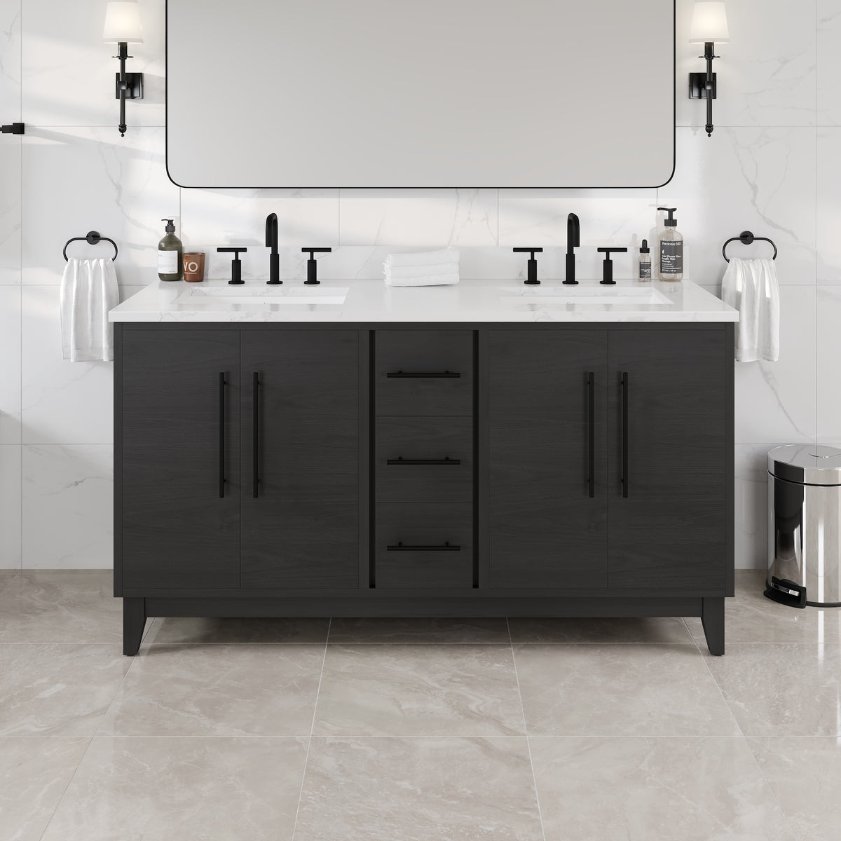 Graham 60 in. Blackwood Double Sink Bath Vanity with Arabescato Engineered Stone Top and Undermount Porcelain Sinks - Bathroom Vanity by Eviva