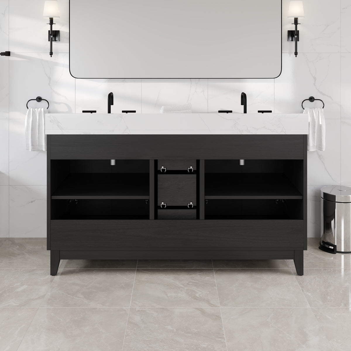 Graham 60 in. Blackwood Double Sink Bath Vanity with Arabescato Engineered Stone Top and Undermount Porcelain Sinks - Bathroom Vanity by Eviva