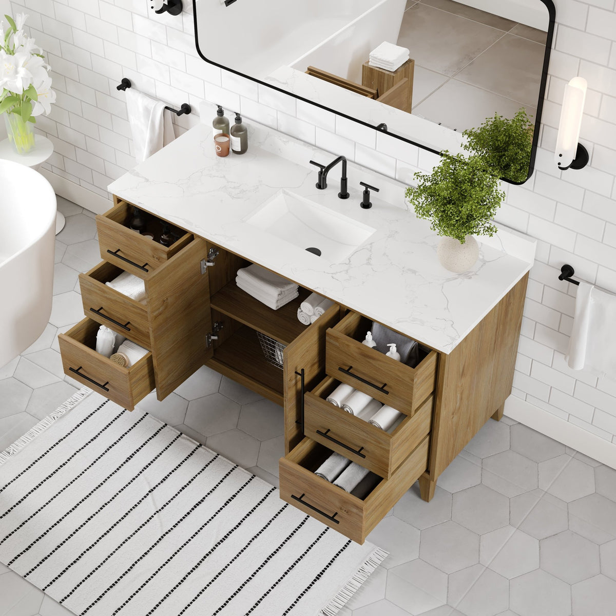 Graham 60 in. Oak Single Sink Bath Vanity with Arabescato Engineered Stone Top and Undermount Porcelain Sink - Bathroom Vanity by Eviva
