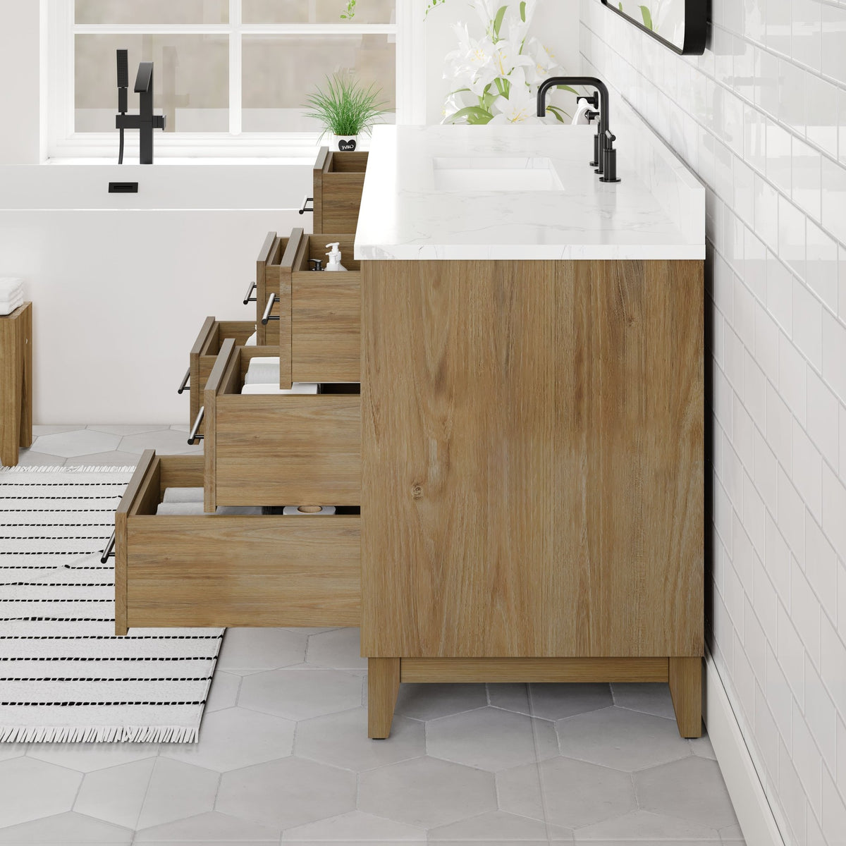 Graham 60 in. Oak Single Sink Bath Vanity with Arabescato Engineered Stone Top and Undermount Porcelain Sink - Bathroom Vanity by Eviva