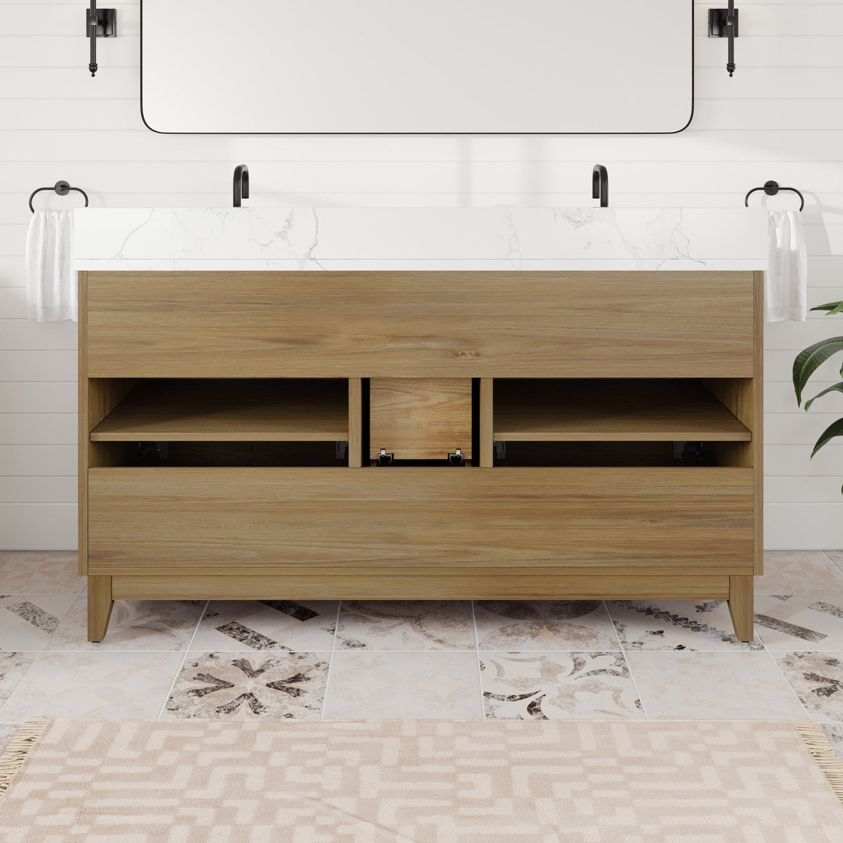 Graham 60 in. Oak Double Sink Bath Vanity with Arabescato Engineered Stone Top and Undermount Porcelain Sinks - Bathroom Vanity by Eviva