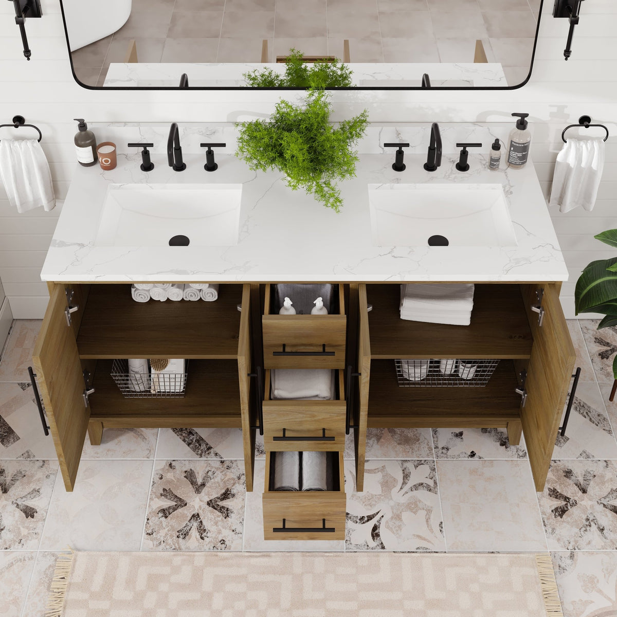 Graham 60 in. Oak Double Sink Bath Vanity with Arabescato Engineered Stone Top and Undermount Porcelain Sinks - Bathroom Vanity by Eviva