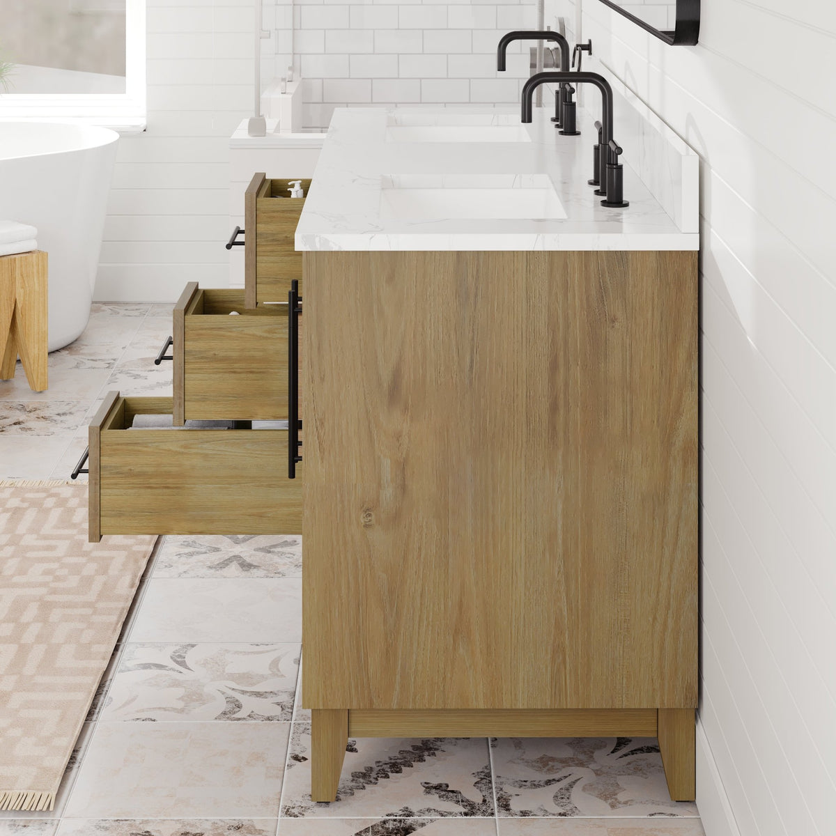 Graham 60 in. Oak Double Sink Bath Vanity with Arabescato Engineered Stone Top and Undermount Porcelain Sinks - Bathroom Vanity by Eviva