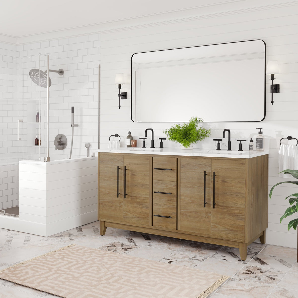 Graham 60 in. Oak Double Sink Bath Vanity with Arabescato Engineered Stone Top and Undermount Porcelain Sinks - Bathroom Vanity by Eviva