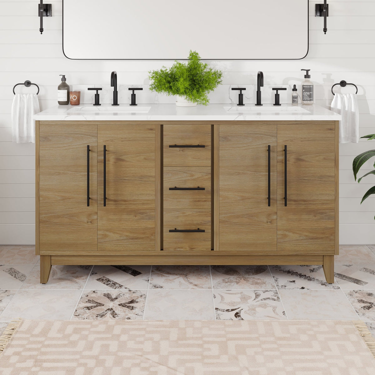 Graham 60 in. Oak Double Sink Bath Vanity with Arabescato Engineered Stone Top and Undermount Porcelain Sinks - Bathroom Vanity by Eviva