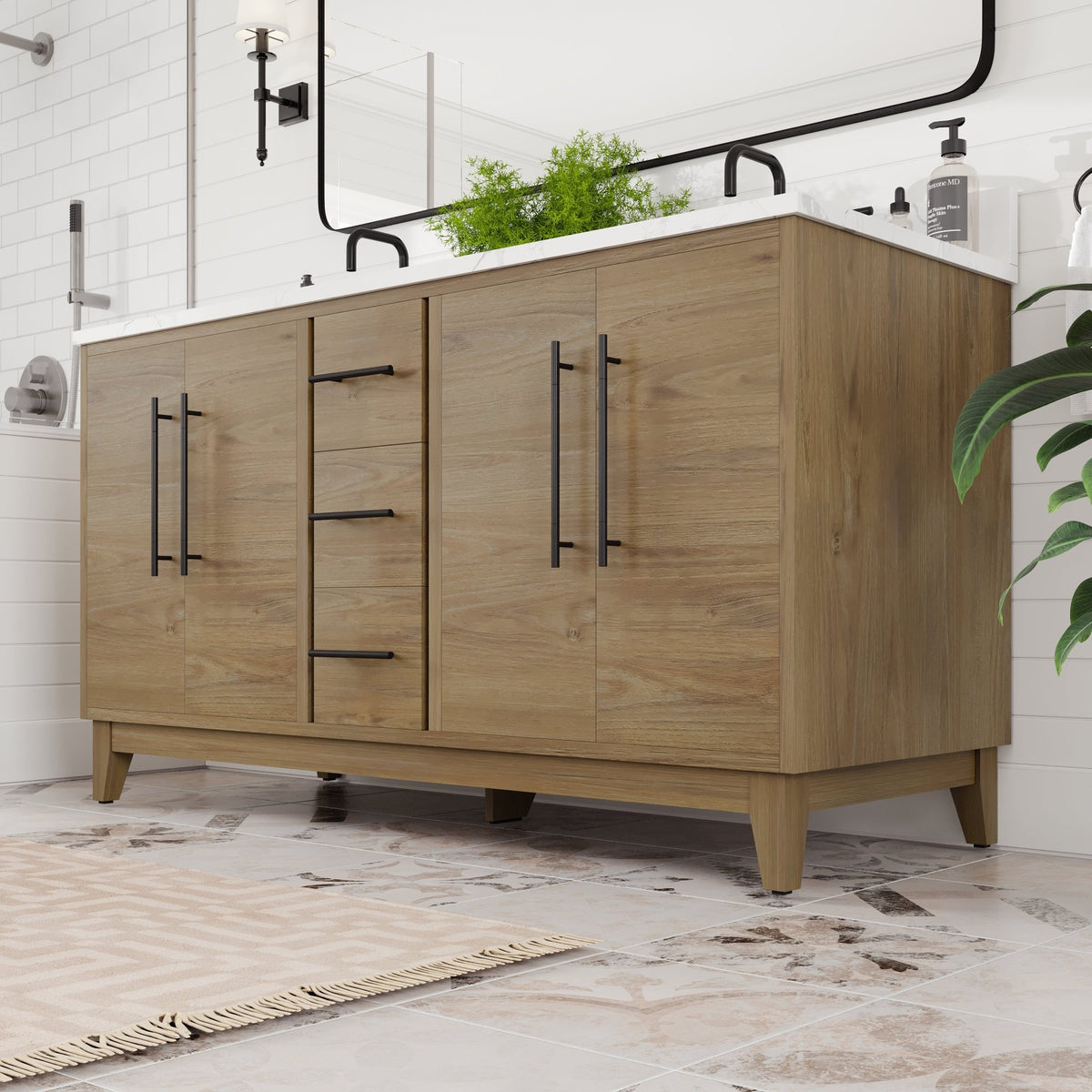 Graham 60 in. Oak Double Sink Bath Vanity with Arabescato Engineered Stone Top and Undermount Porcelain Sinks - Bathroom Vanity by Eviva
