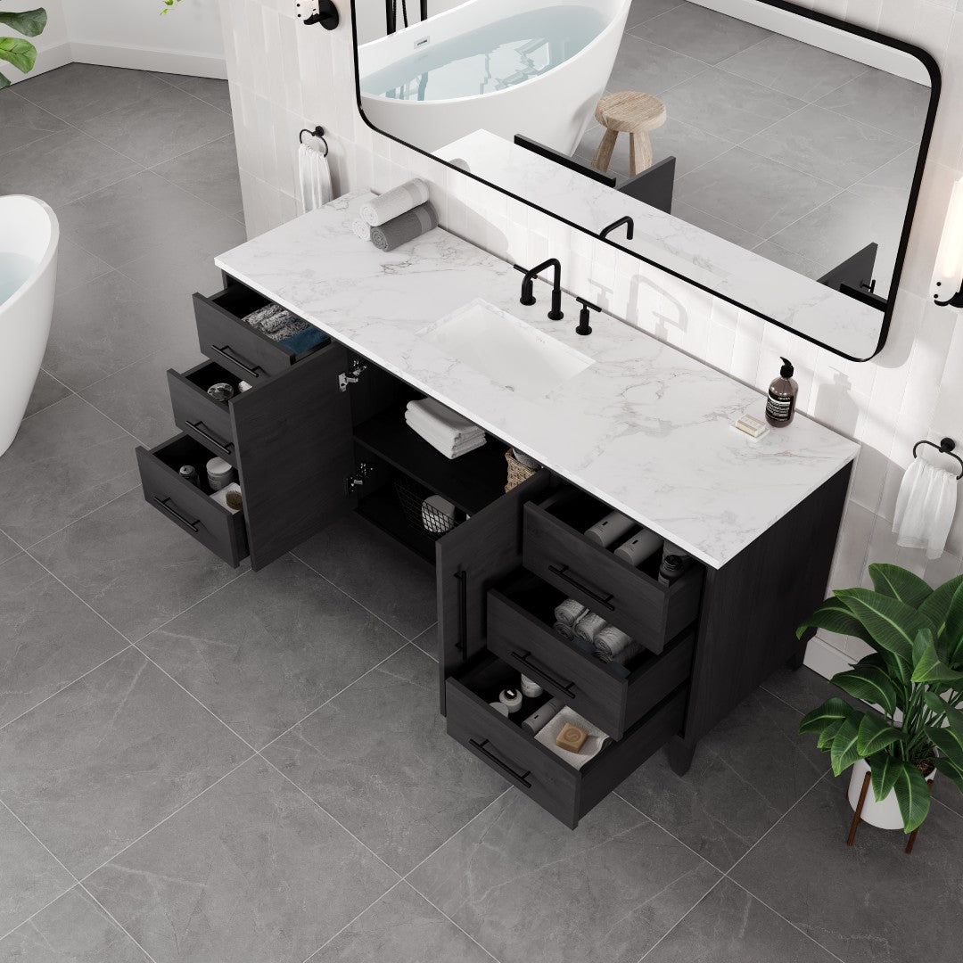 Graham 72 in. Blackwood Single Sink Bath Vanity with Arabescato Engineered Stone Top and Undermount Porcelain Sink