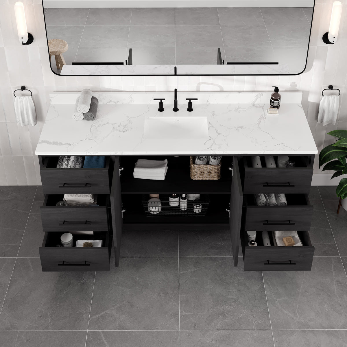 Graham 72 in. Blackwood Single Sink Bath Vanity with Arabescato Engineered Stone Top and Undermount Porcelain Sink - Bathroom Vanity by Eviva