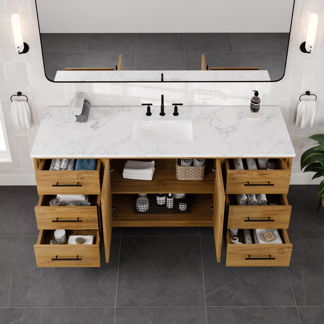 Graham 72 in. Oak Single Sink Bath Vanity with Arabescato Engineered Stone Top and Undermount Porcelain Sink