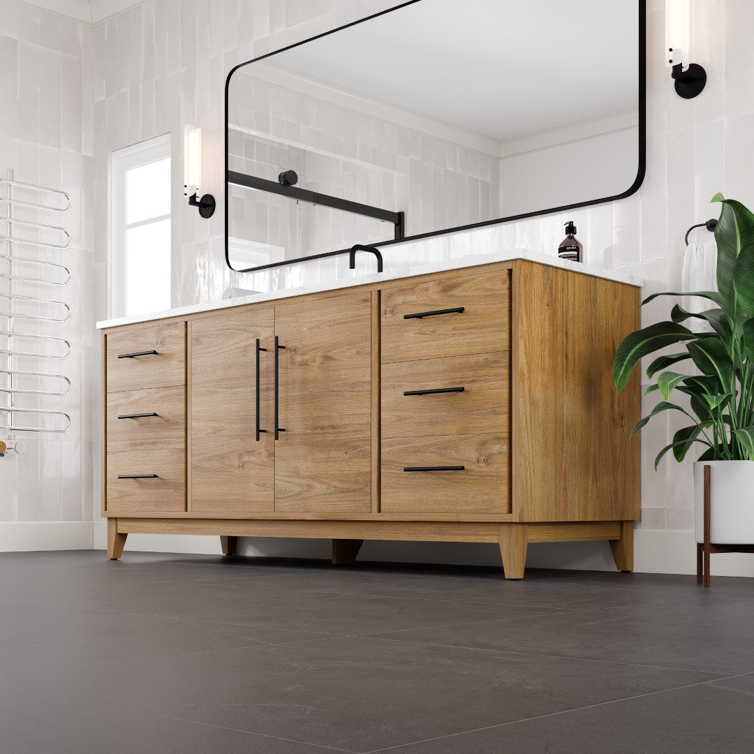 Graham 72 in. Oak Single Sink Bath Vanity with Arabescato Engineered Stone Top and Undermount Porcelain Sink