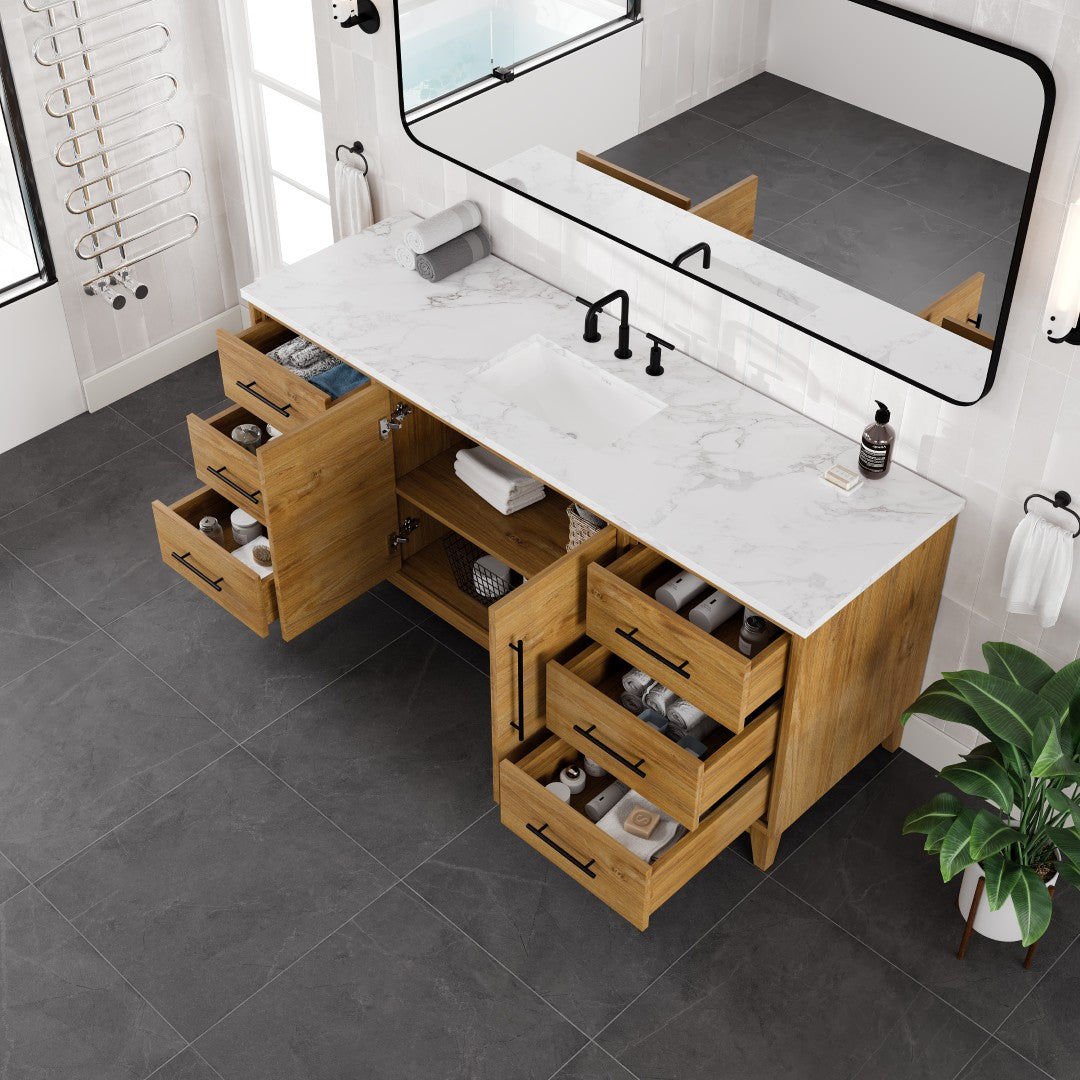 Graham 72 in. Oak Single Sink Bath Vanity with Arabescato Engineered Stone Top and Undermount Porcelain Sink