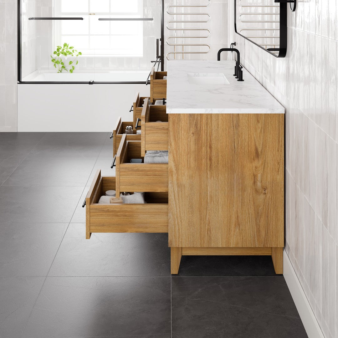 Graham 72 in. Oak Single Sink Bath Vanity with Arabescato Engineered Stone Top and Undermount Porcelain Sink