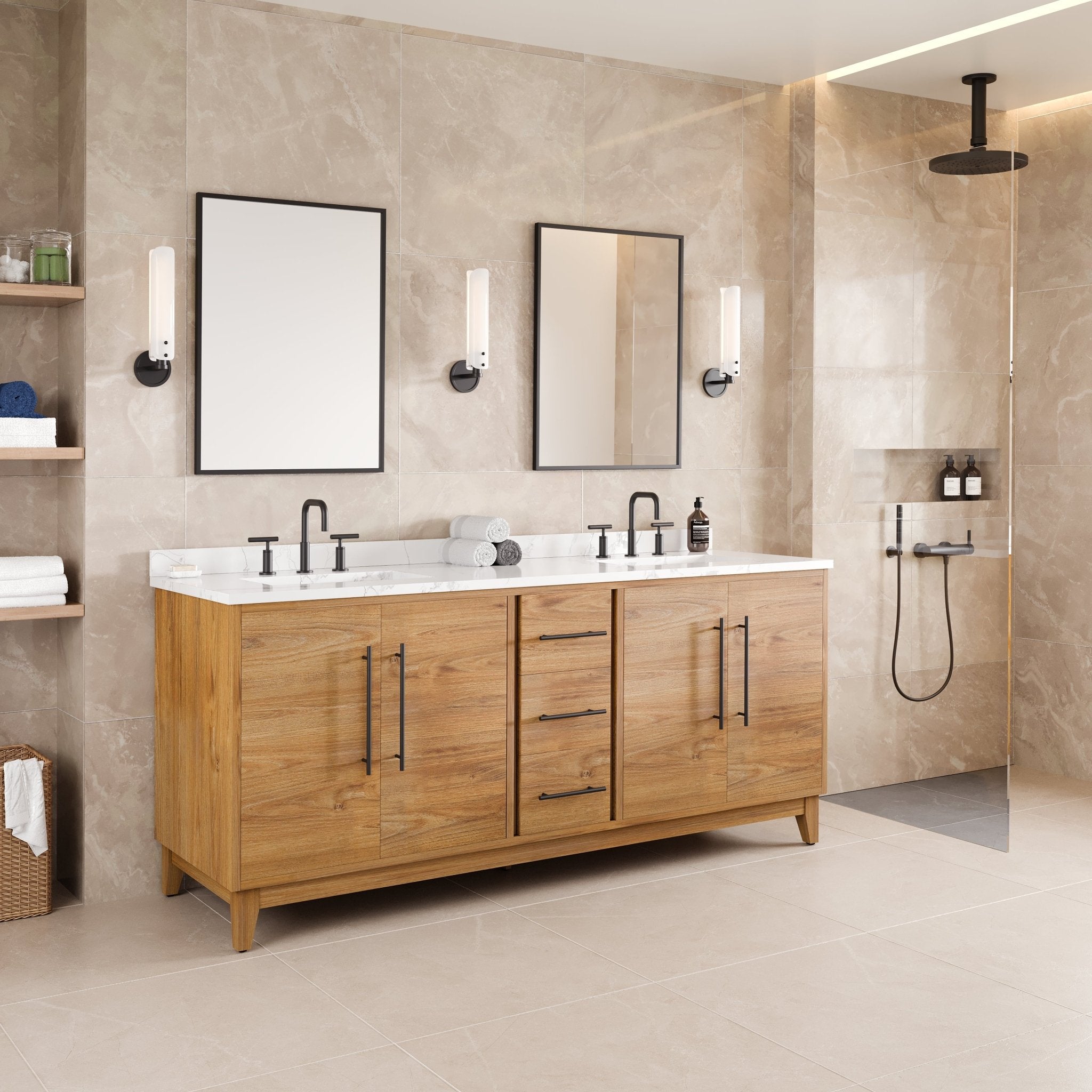Graham 72 in. Oak Double Sink Bath Vanity with Arabescato Engineered Stone Top and Undermount Porcelain Sinks - Bathroom Vanity by Eviva