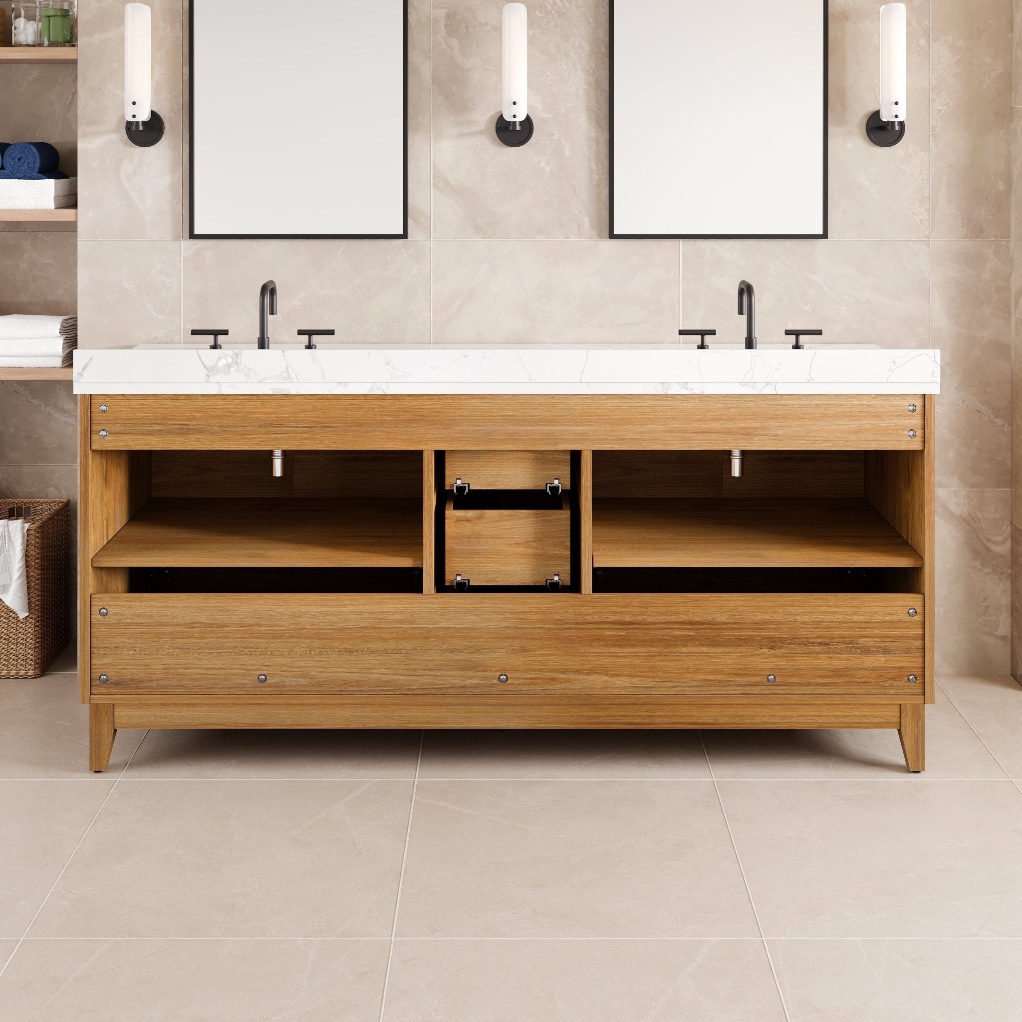 Graham 72 in. Oak Double Sink Bath Vanity with Arabescato Engineered Stone Top and Undermount Porcelain Sinks - Bathroom Vanity by Eviva