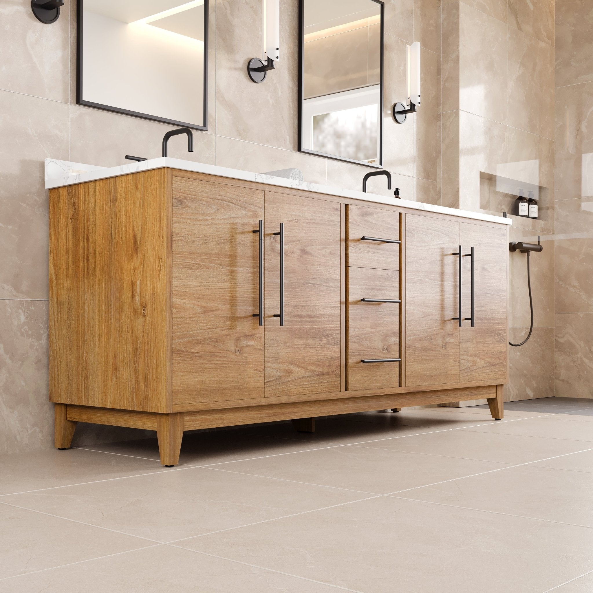 Graham 72 in. Oak Double Sink Bath Vanity with Arabescato Engineered Stone Top and Undermount Porcelain Sinks - Bathroom Vanity by Eviva