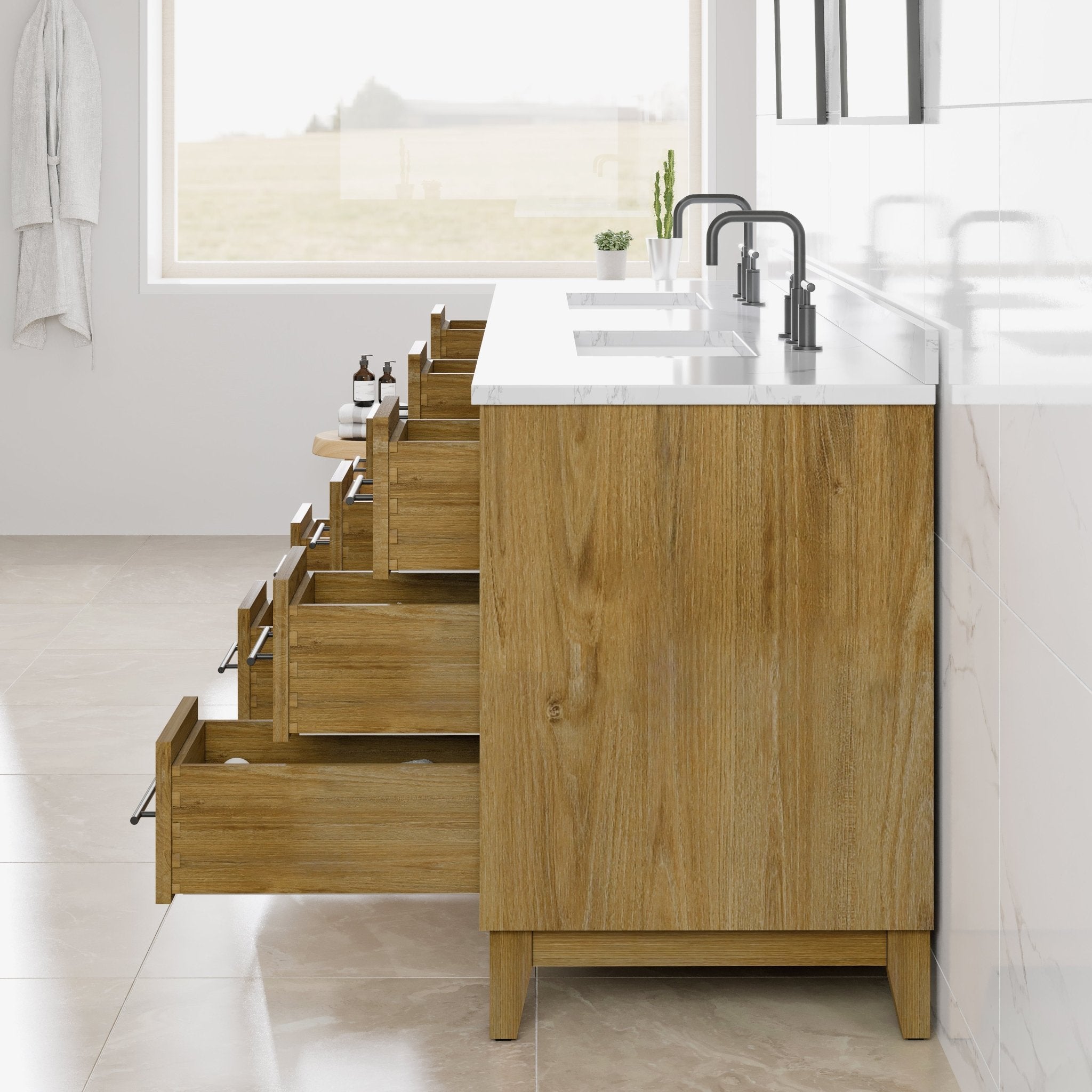 Graham 84 in. Oak Double Sink Bath Vanity with Arabescato Engineered Stone Top and Undermount Porcelain Sinks - Bathroom Vanity by Eviva