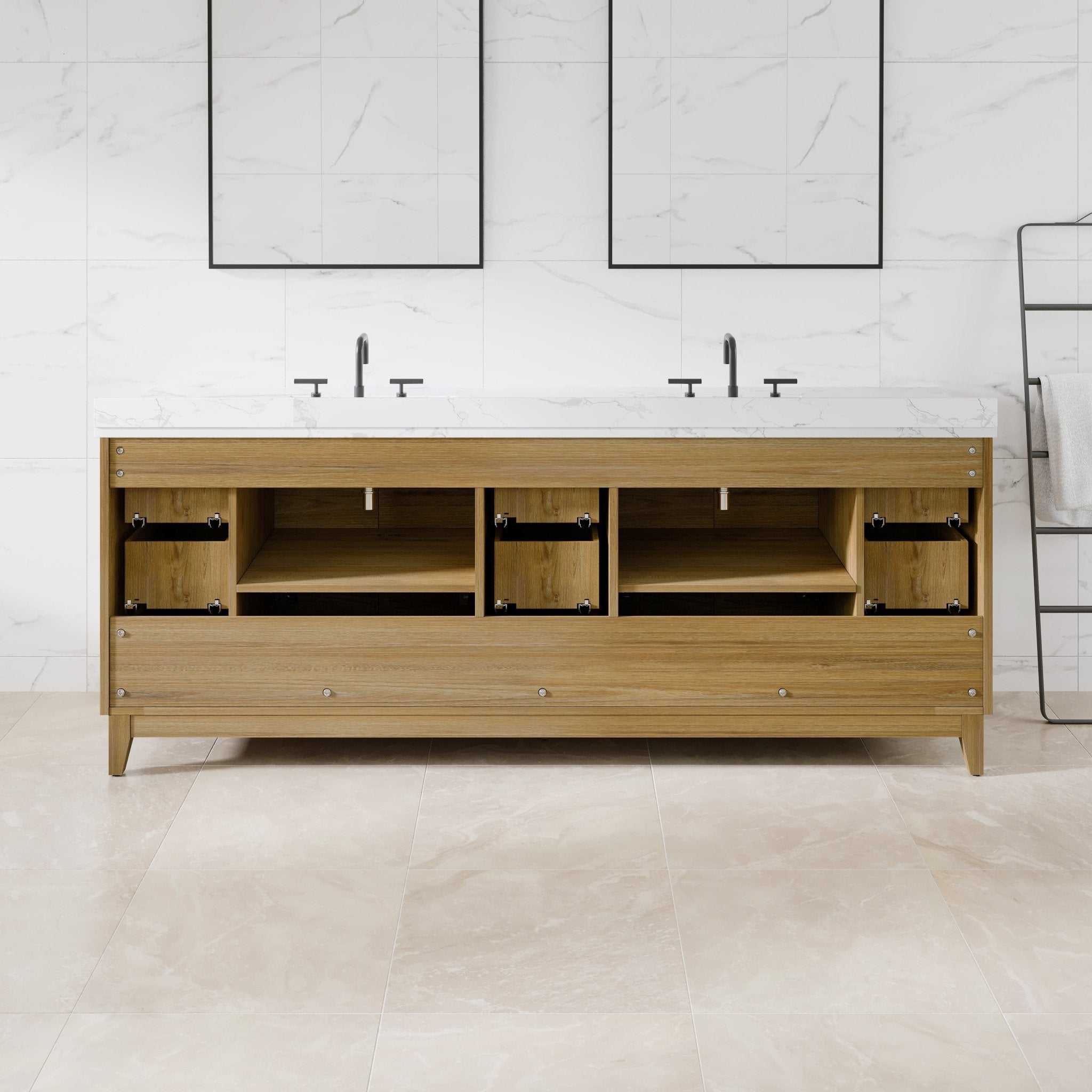 Graham 84 in. Oak Double Sink Bath Vanity with Arabescato Engineered Stone Top and Undermount Porcelain Sinks - Bathroom Vanity by Eviva