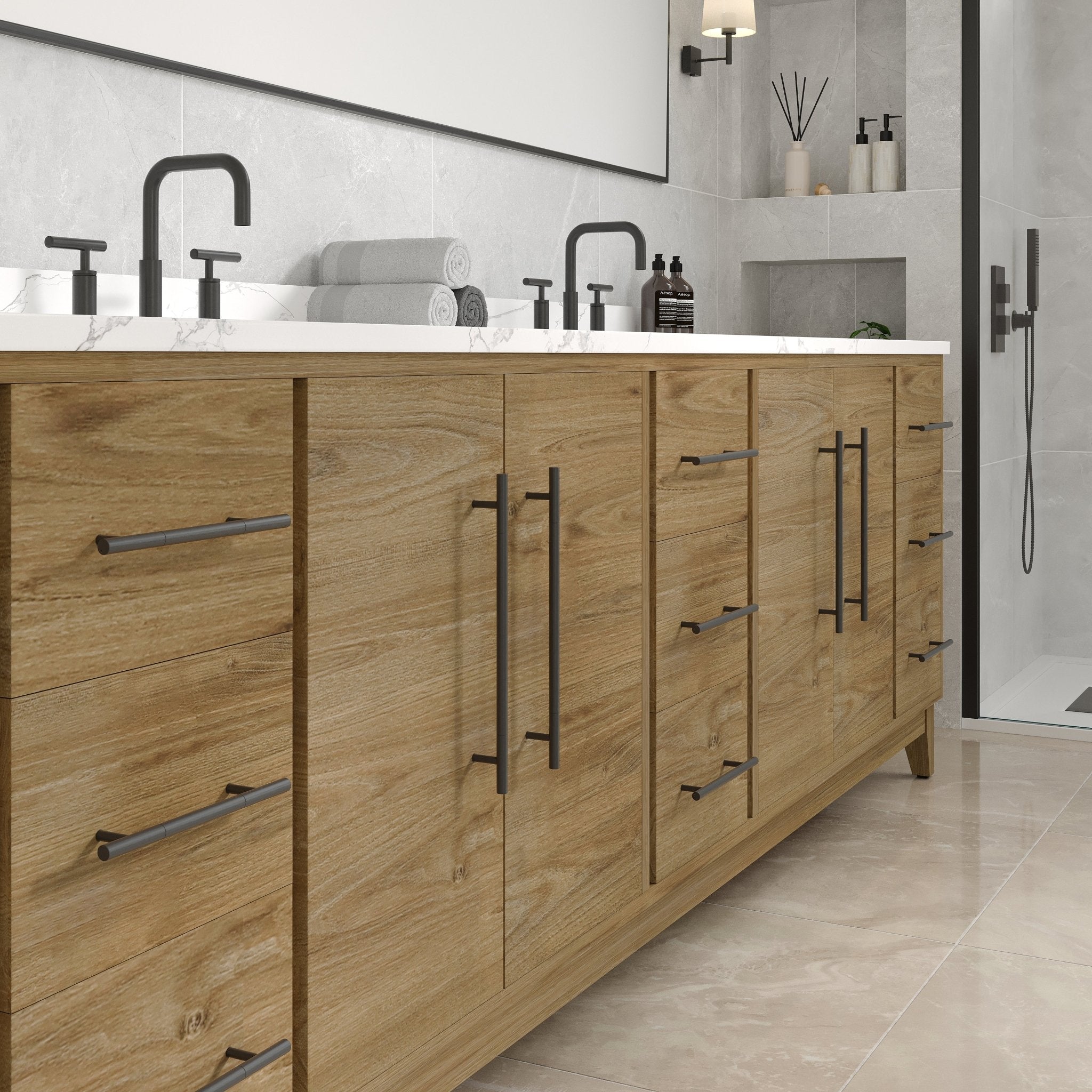 Graham 96 in. Oak Double Sink Bath Vanity with Arabescato Engineered Stone Top and Undermount Porcelain Sinks - Bathroom Vanity by Eviva