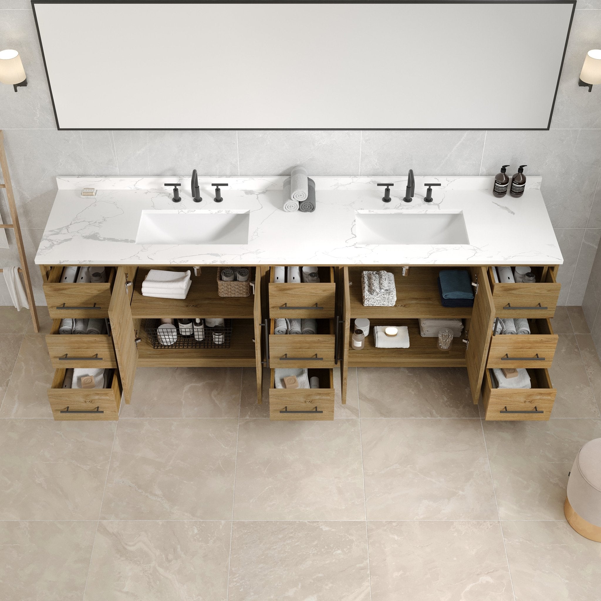 Graham 96 in. Oak Double Sink Bath Vanity with Arabescato Engineered Stone Top and Undermount Porcelain Sinks - Bathroom Vanity by Eviva