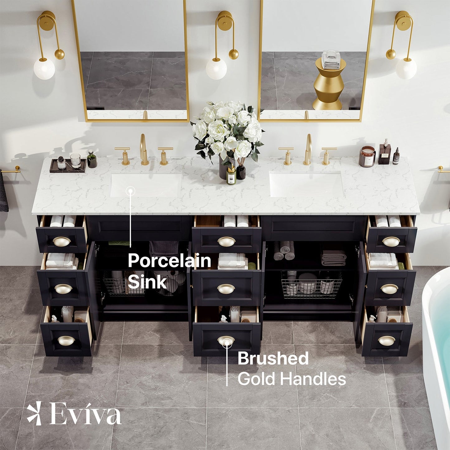 Epic 84"W x 22"D Charcoal Gray Double Sink Bathroom Vanity with Carrara Quartz Countertop and Undermount Porcelain Sink