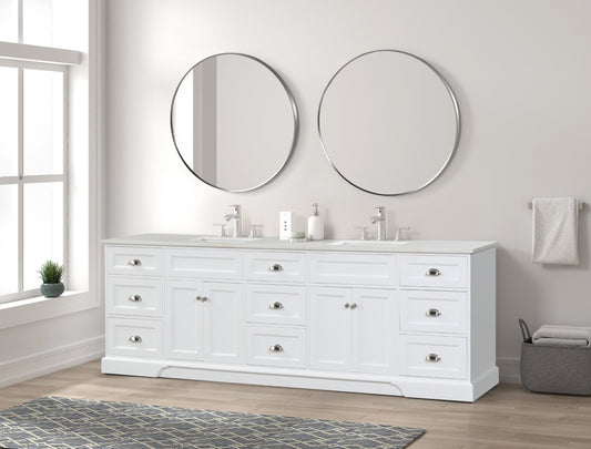 Epic 96"W x 22"D White Double Sink Bathroom Vanity with Carrara Quartz Countertop and Undermount Porcelain Sink