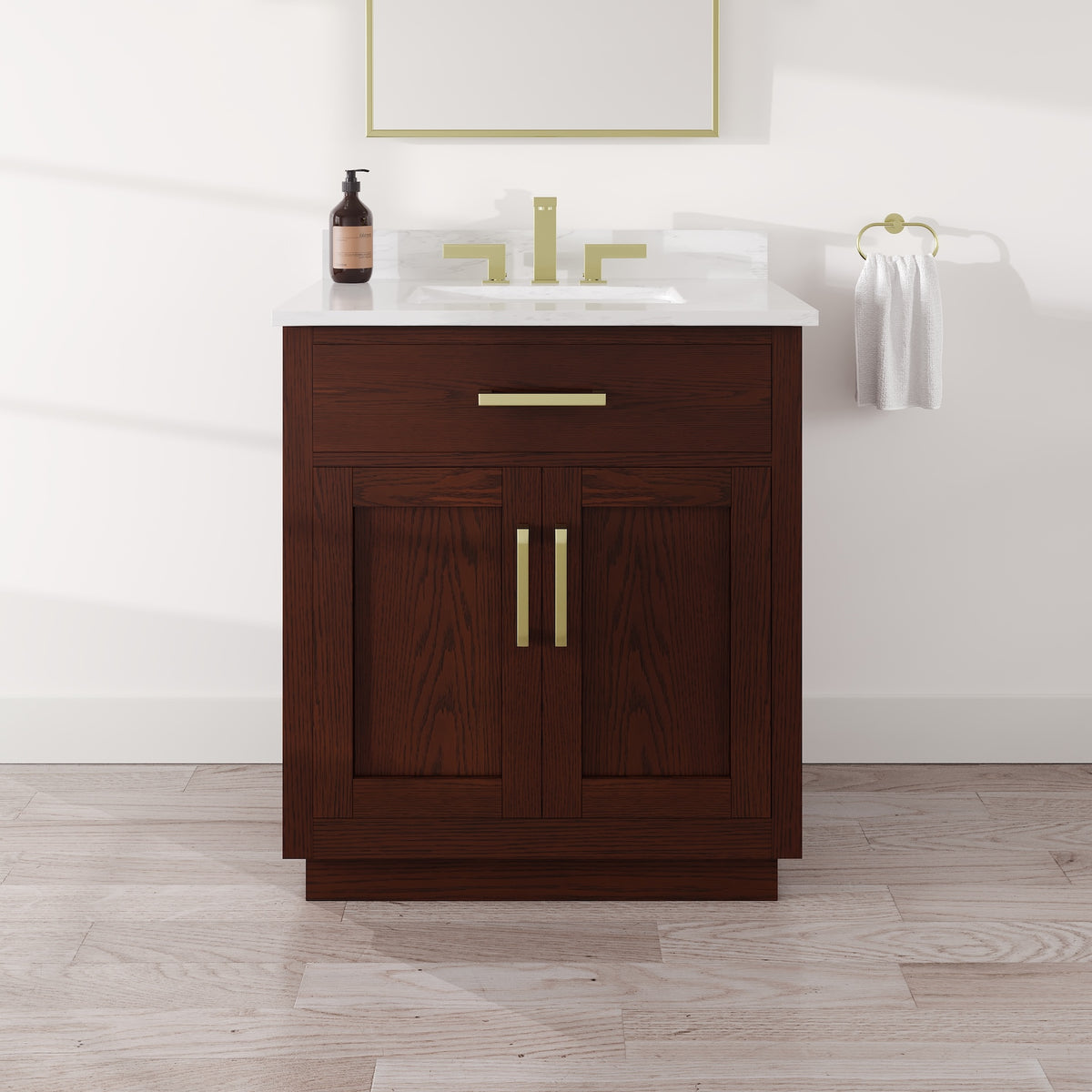 Ridgefield 30 in. Dark Oak Single Sink Bath Vanity with Arabescato Engineered Stone Top and Undermount Porcelain Sink - Bathroom Vanity by Eviva