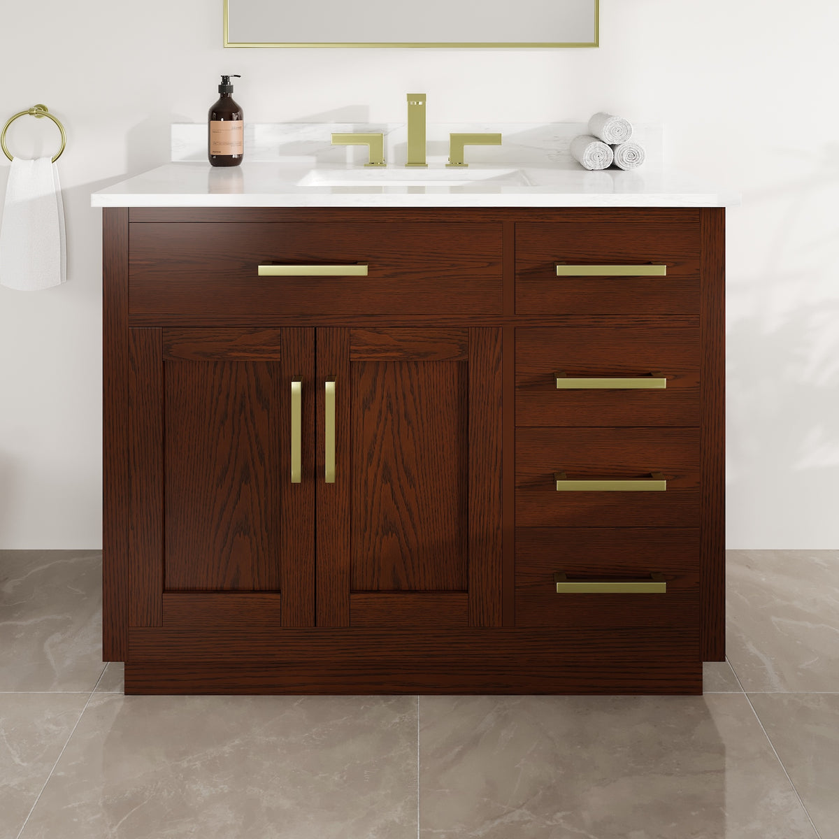 Ridgefield 42 in. Dark Oak Single Sink Bath Vanity with Arabescato Engineered Stone Top and Undermount Porcelain Sink - Bathroom Vanity by Eviva