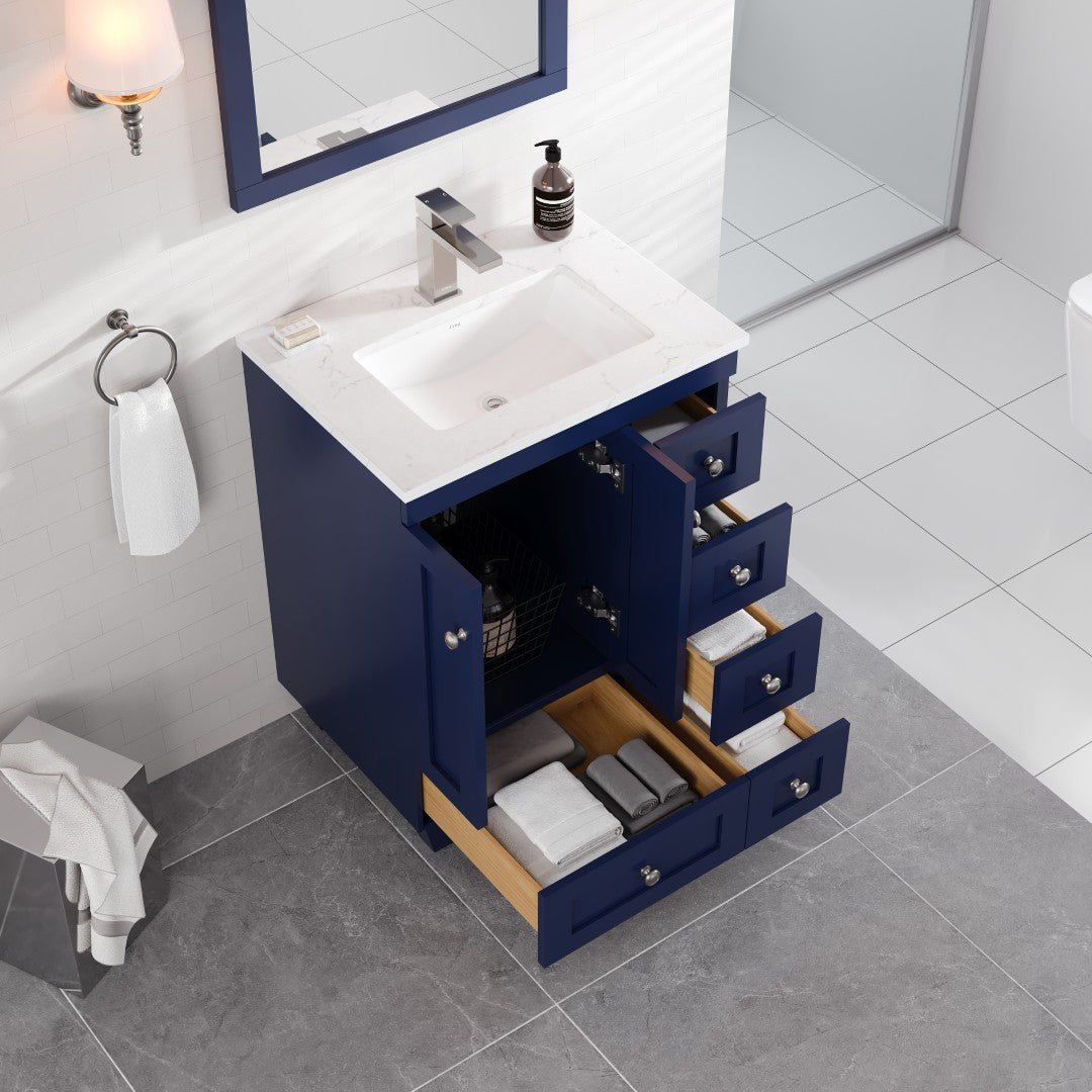 Acclaim 24 in. Blue Single Sink Bath Vanity with Carrara Quartz Top and Undermount Porcelain Sink - Bathroom Vanity by Eviva