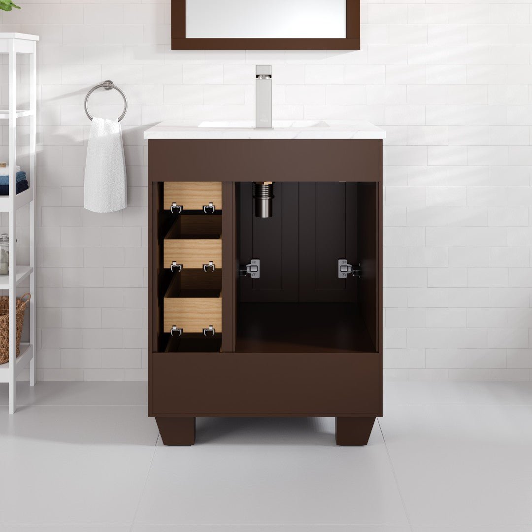 Acclaim 24 in. Teak Single Sink Bath Vanity with Carrara Quartz Top and Undermount Porcelain Sink - Bathroom Vanity by Eviva