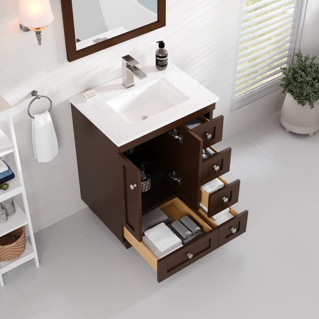 Acclaim 24 in. Teak Single Sink Bath Vanity with Carrara Quartz Top and Undermount Porcelain Sink - Bathroom Vanity by Eviva