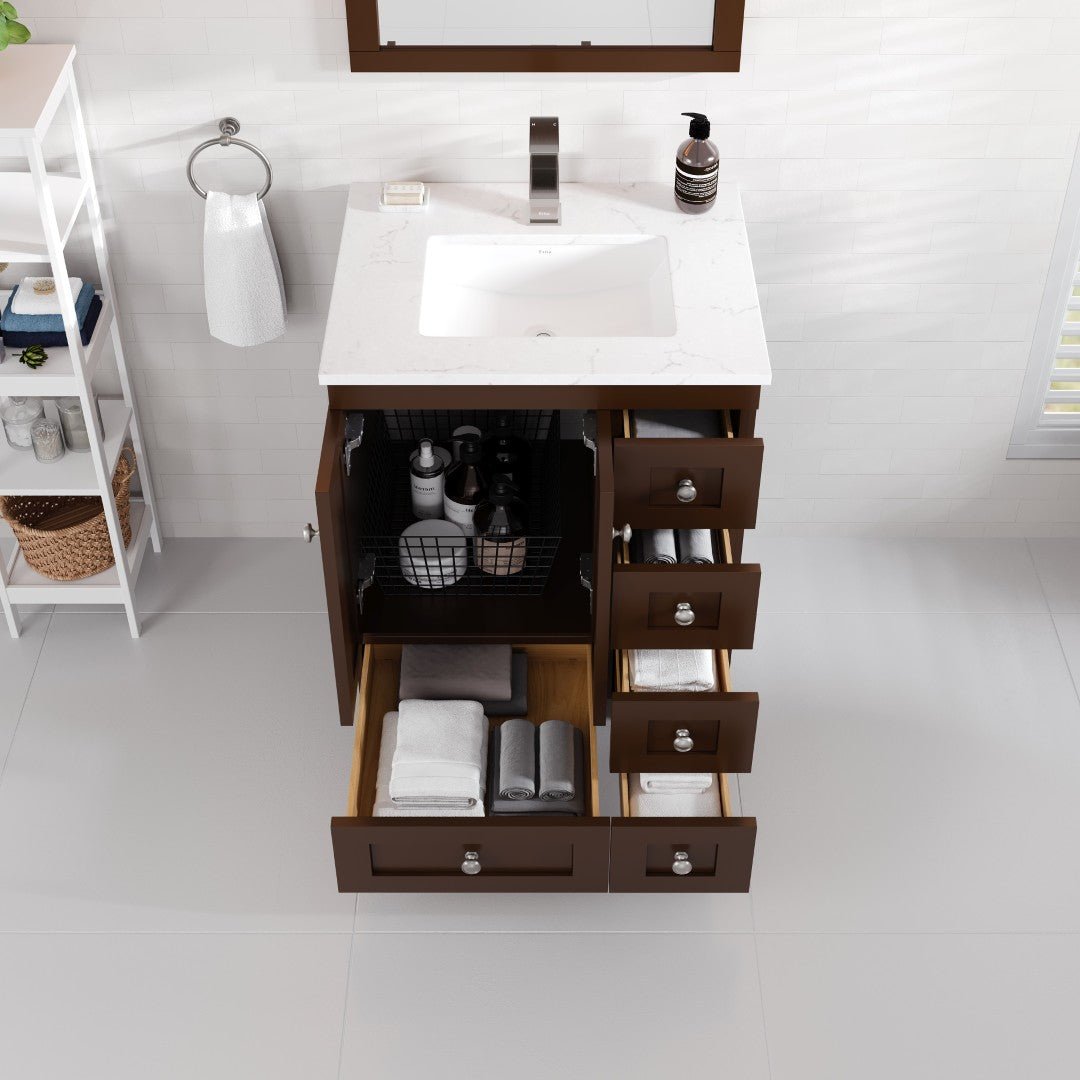 Acclaim 24 in. Teak Single Sink Bath Vanity with Carrara Quartz Top and Undermount Porcelain Sink - Bathroom Vanity by Eviva