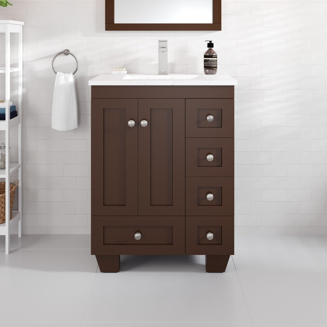 A brown Acclaim 24 in. Teak Single Sink Bath Vanity with a white Carrara Quartz top, undermount porcelain sink, and five drawers with silver handles.