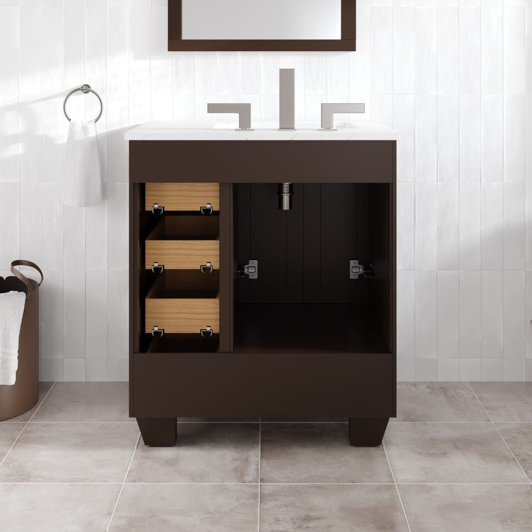 Acclaim 28 in. Teak Single Sink Bath Vanity with Carrara Quartz Top and Undermount Porcelain Sink - Bathroom Vanity by Eviva